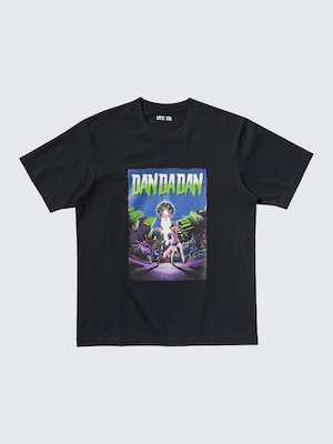 black tshirt with large dandadan illustration on the front titled dandadan in green.