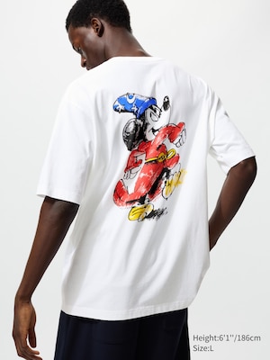 white t-shirt with wizard mickey mouse graphic on the back.
