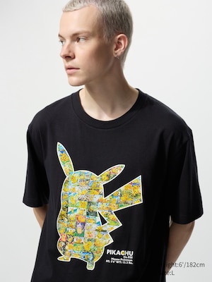 black t-shirt with a collection of pikachu photos in the shape of a larger pikachu on the front.