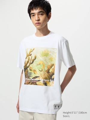 white t-shirt with underwater sea Pokemon graphic and text saying tentacular return 50 on the front.