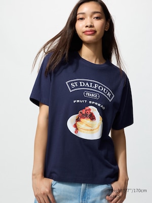blue t-shirt with pancake graphic and st. dalfour title on the front.