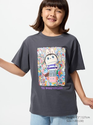 dark grey t-shirt with a large, colorful labubu graphic on the front.