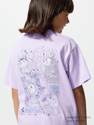 purple t-shirt with large labubu graphic on the back.