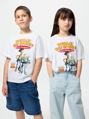white t-shirt with the toy story logo, woody and buzz lightyear on the front.