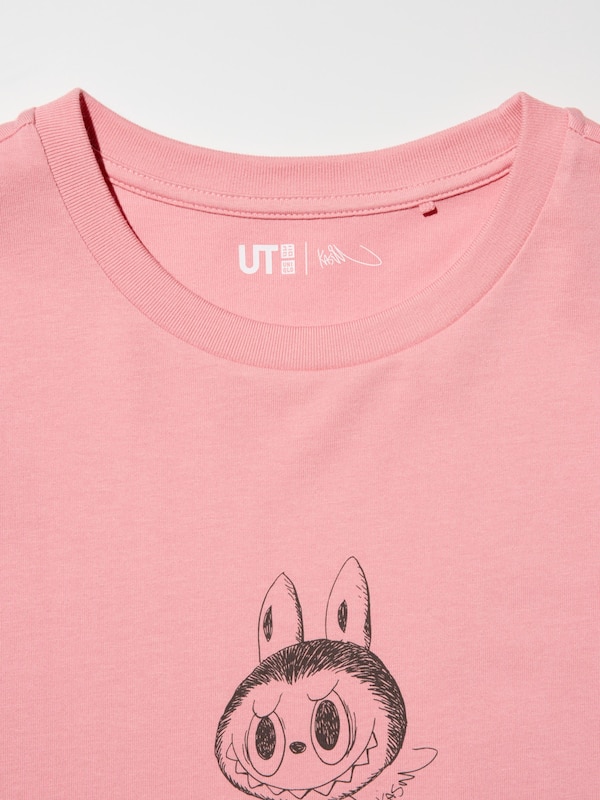 close up picture of a pink labubu T-shirt showing the collar.