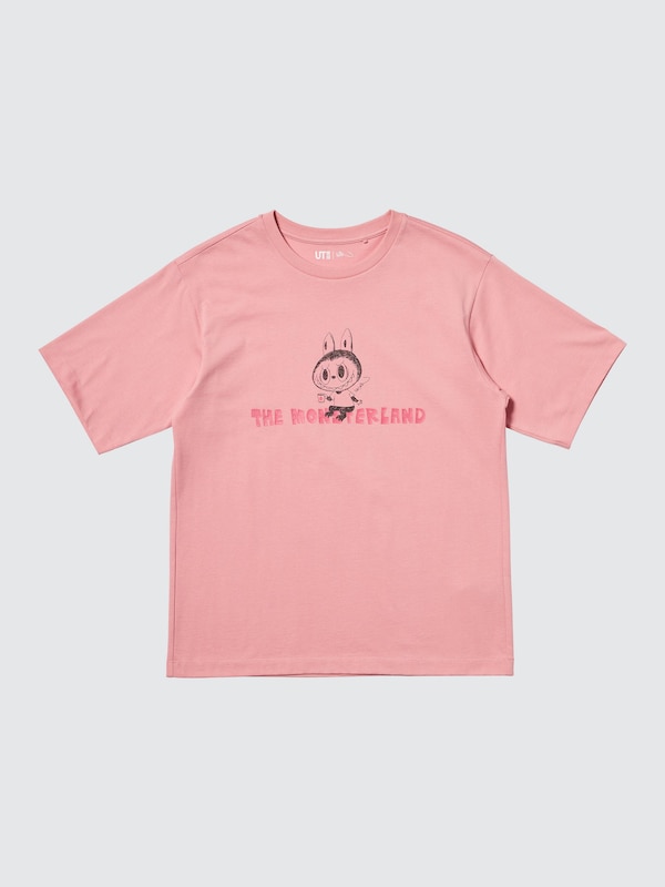 pink T-shirt with a labubu sitting on the monsterland text on the front.