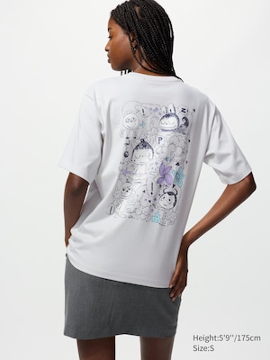 light grey t-shirt with a little labubu on the front and a large sketch style graphic on the back.