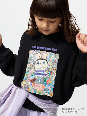 black long sleeved sweatshirt with a colorful labubu graphic on the front titled the monsterland in purple.