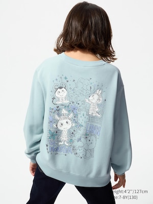blue long sleeved sweatshirt with a large labubu graphic on the back.